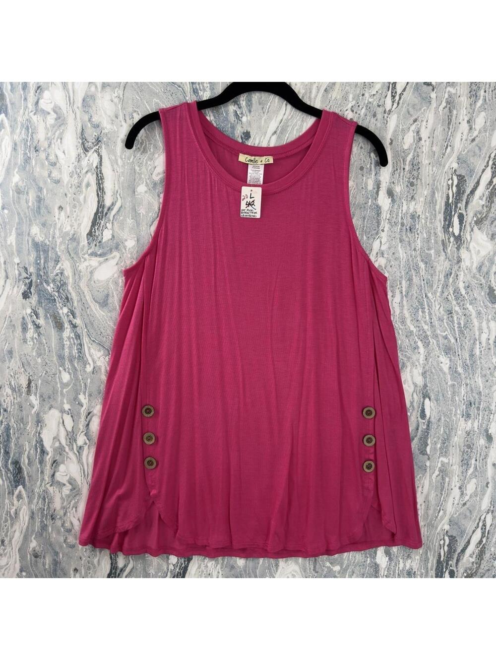 Designer Preppy Flowy Pink Button-Detail Long Tank Top (L)